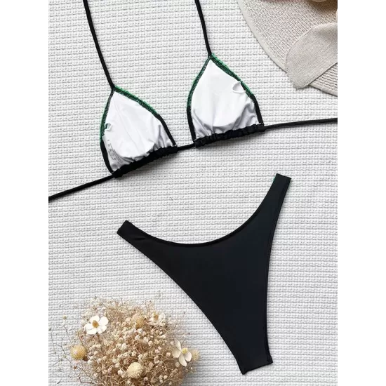 Padded Contrast Color Hollow Deep V-Neck Bikini Swimsuit Padded Contrast Color Hollow Deep V-Neck Bikini Swimsuit