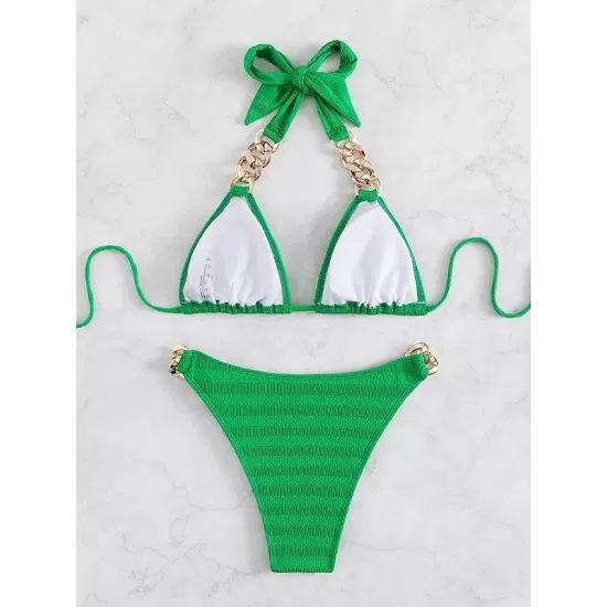 Padded Solid Color Halter-Neck Bikini Swimsuit Padded Solid Color Halter-Neck Bikini Swimsuit