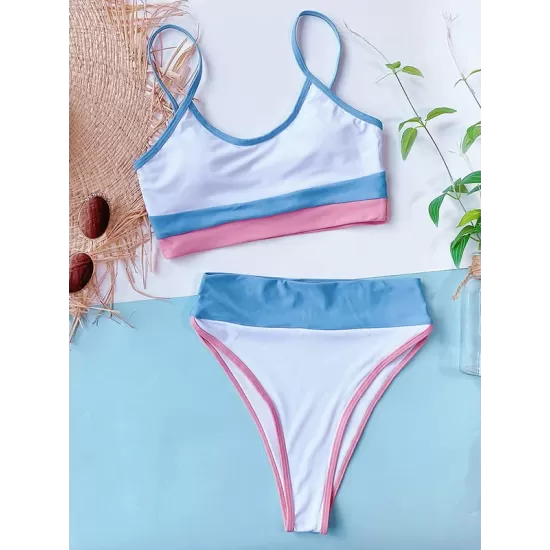 Contrast Color Spaghetti-Neck Bikini Swimsuit Contrast Color Spaghetti-Neck Bikini Swimsuit