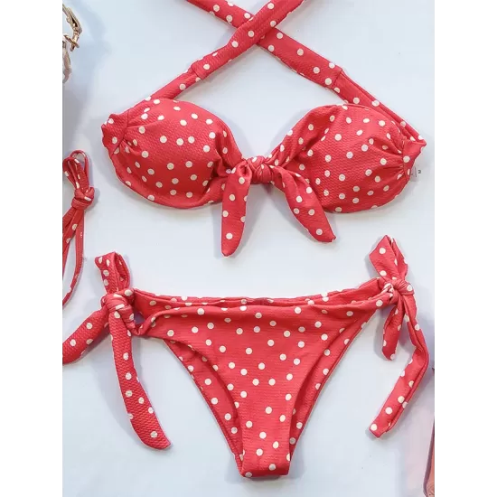 Polka-Dot Off-the-shoulder Bikini Swimsuit Polka-Dot Off-the-shoulder Bikini Swimsuit