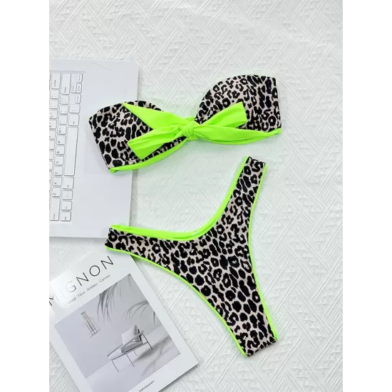 Leopard Off-the-shoulder Bikini Swimsuit Leopard Off-the-shoulder Bikini Swimsuit