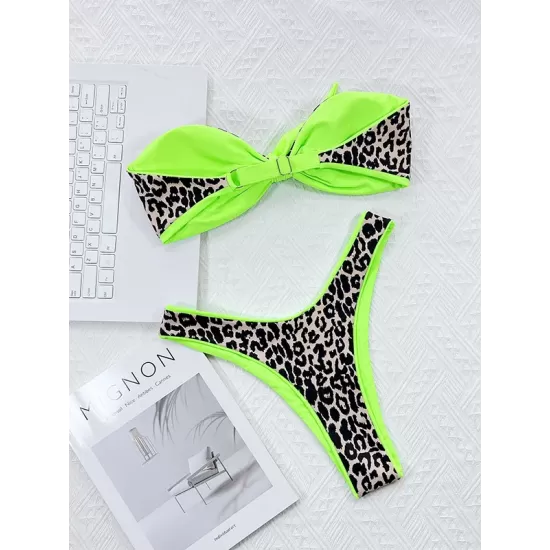 Leopard Off-the-shoulder Bikini Swimsuit Leopard Off-the-shoulder Bikini Swimsuit