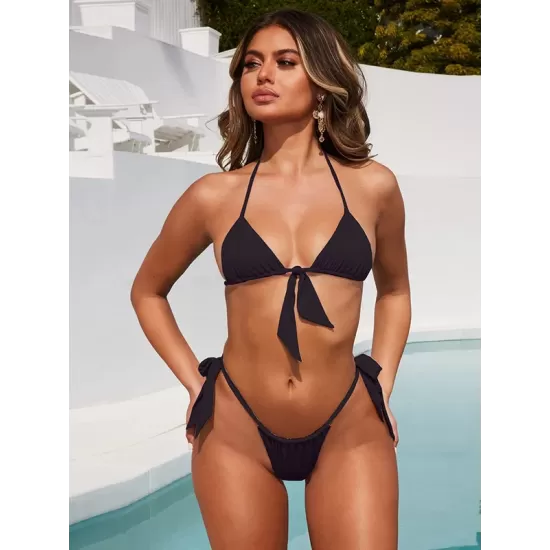 Padded Fluorescent Backless Bandage Solid Color Halter-Neck Bikini Swimsuit Padded Fluorescent Backless Bandage Solid Color Halter-Neck Bikini Swimsuit