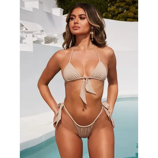 Padded Fluorescent Backless Bandage Solid Color Halter-Neck Bikini Swimsuit Padded Fluorescent Backless Bandage Solid Color Halter-Neck Bikini Swimsuit