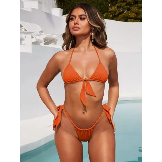 Padded Fluorescent Backless Bandage Solid Color Halter-Neck Bikini Swimsuit Padded Fluorescent Backless Bandage Solid Color Halter-Neck Bikini Swimsuit