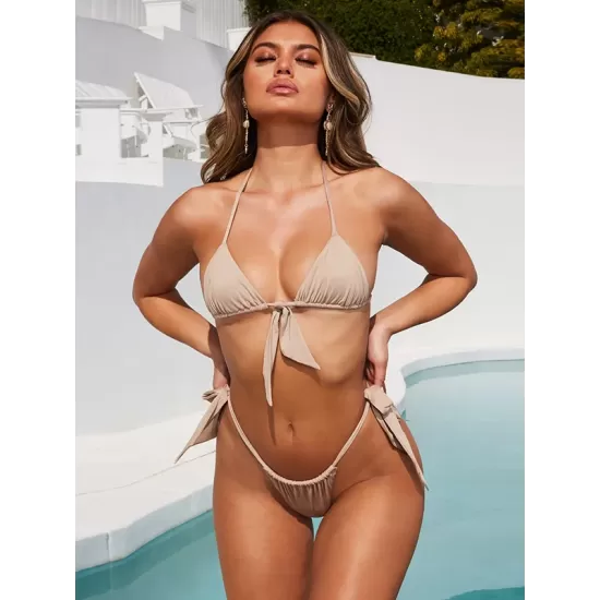 Padded Fluorescent Backless Bandage Solid Color Halter-Neck Bikini Swimsuit Padded Fluorescent Backless Bandage Solid Color Halter-Neck Bikini Swimsuit