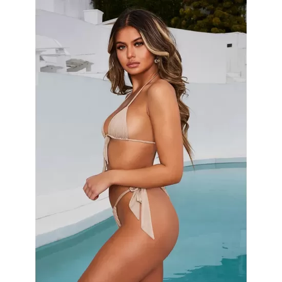 Padded Fluorescent Backless Bandage Solid Color Halter-Neck Bikini Swimsuit Padded Fluorescent Backless Bandage Solid Color Halter-Neck Bikini Swimsuit