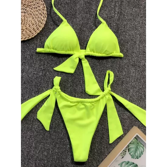 Padded Fluorescent Backless Bandage Solid Color Halter-Neck Bikini Swimsuit Padded Fluorescent Backless Bandage Solid Color Halter-Neck Bikini Swimsuit