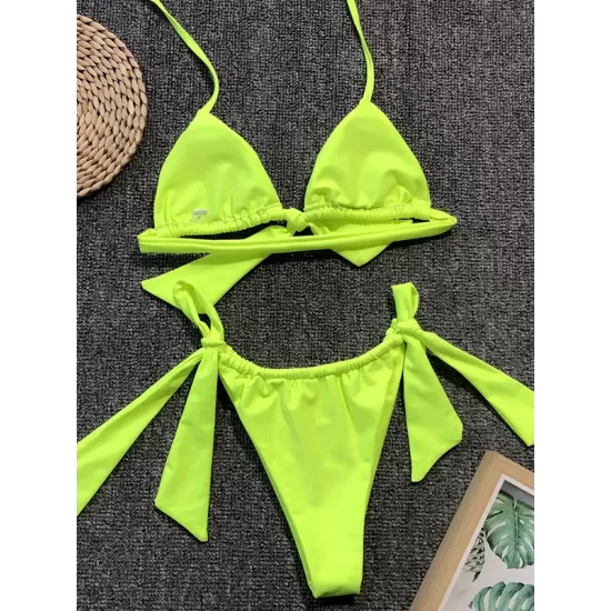 Padded Fluorescent Backless Bandage Solid Color Halter-Neck Bikini Swimsuit Padded Fluorescent Backless Bandage Solid Color Halter-Neck Bikini Swimsuit
