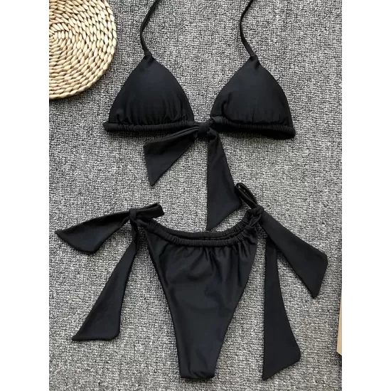 Padded Fluorescent Backless Bandage Solid Color Halter-Neck Bikini Swimsuit Padded Fluorescent Backless Bandage Solid Color Halter-Neck Bikini Swimsuit