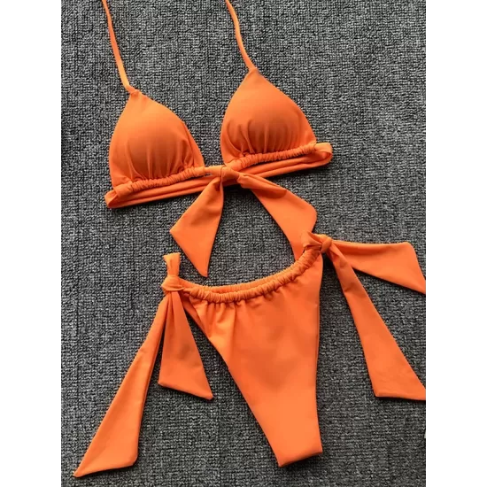 Padded Fluorescent Backless Bandage Solid Color Halter-Neck Bikini Swimsuit Padded Fluorescent Backless Bandage Solid Color Halter-Neck Bikini Swimsuit