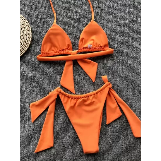 Padded Fluorescent Backless Bandage Solid Color Halter-Neck Bikini Swimsuit Padded Fluorescent Backless Bandage Solid Color Halter-Neck Bikini Swimsuit