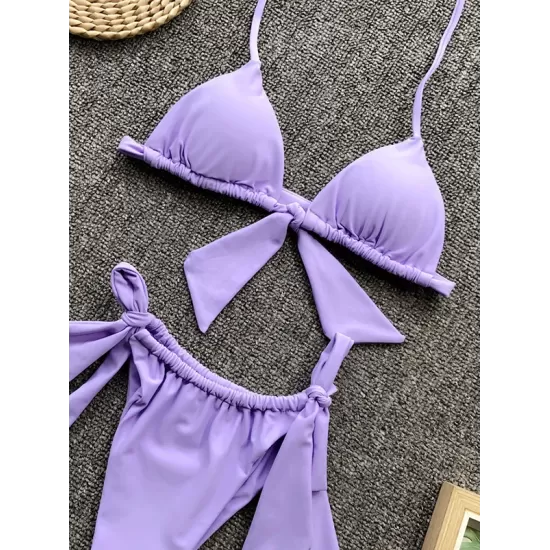 Padded Fluorescent Backless Bandage Solid Color Halter-Neck Bikini Swimsuit Padded Fluorescent Backless Bandage Solid Color Halter-Neck Bikini Swimsuit