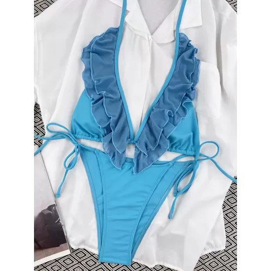 Backless Bandage Mesh Solid Color Padded Halter-Neck Bikini Swimsuit Backless Bandage Mesh Solid Color Padded Halter-Neck Bikini Swimsuit