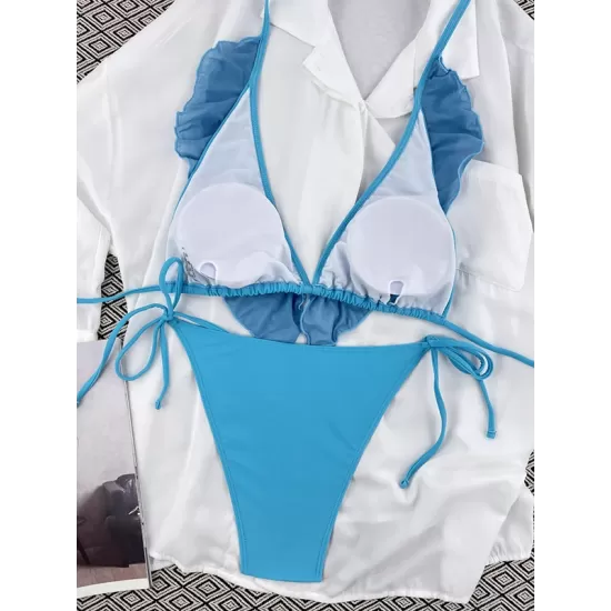 Backless Bandage Mesh Solid Color Padded Halter-Neck Bikini Swimsuit Backless Bandage Mesh Solid Color Padded Halter-Neck Bikini Swimsuit