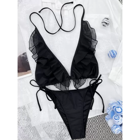 Backless Bandage Mesh Solid Color Padded Halter-Neck Bikini Swimsuit Backless Bandage Mesh Solid Color Padded Halter-Neck Bikini Swimsuit