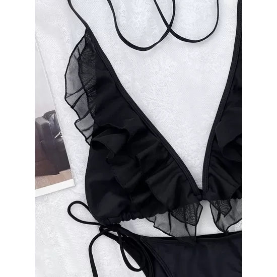 Backless Bandage Mesh Solid Color Padded Halter-Neck Bikini Swimsuit Backless Bandage Mesh Solid Color Padded Halter-Neck Bikini Swimsuit