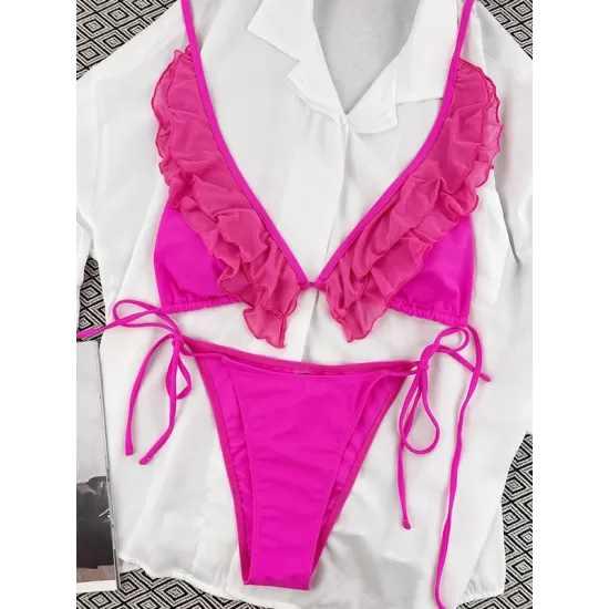 Backless Bandage Mesh Solid Color Padded Halter-Neck Bikini Swimsuit Backless Bandage Mesh Solid Color Padded Halter-Neck Bikini Swimsuit