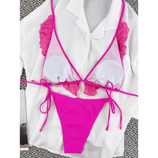Backless Bandage Mesh Solid Color Padded Halter-Neck Bikini Swimsuit Backless Bandage Mesh Solid Color Padded Halter-Neck Bikini Swimsuit