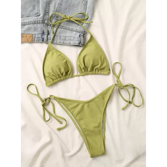 Backless Bandage Solid Color Padded Deep V-Neck Bikini Swimsuit Backless Bandage Solid Color Padded Deep V-Neck Bikini Swimsuit