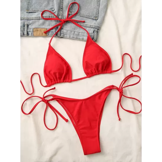 Backless Bandage Solid Color Padded Deep V-Neck Bikini Swimsuit Backless Bandage Solid Color Padded Deep V-Neck Bikini Swimsuit