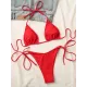 Backless Bandage Solid Color Padded Deep V-Neck Bikini Swimsuit Backless Bandage Solid Color Padded Deep V-Neck Bikini Swimsuit