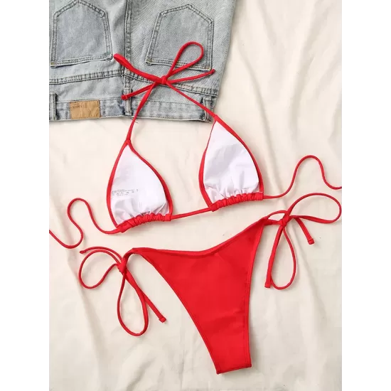 Backless Bandage Solid Color Padded Deep V-Neck Bikini Swimsuit Backless Bandage Solid Color Padded Deep V-Neck Bikini Swimsuit