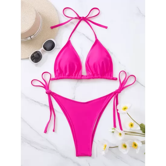 Backless Bandage Solid Color Padded Deep V-Neck Bikini Swimsuit Backless Bandage Solid Color Padded Deep V-Neck Bikini Swimsuit