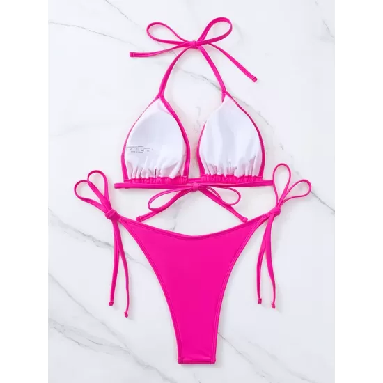 Backless Bandage Solid Color Padded Deep V-Neck Bikini Swimsuit Backless Bandage Solid Color Padded Deep V-Neck Bikini Swimsuit