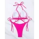 Backless Bandage Solid Color Padded Deep V-Neck Bikini Swimsuit Backless Bandage Solid Color Padded Deep V-Neck Bikini Swimsuit