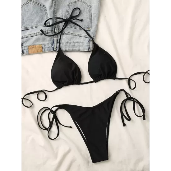 Backless Bandage Solid Color Padded Deep V-Neck Bikini Swimsuit Backless Bandage Solid Color Padded Deep V-Neck Bikini Swimsuit