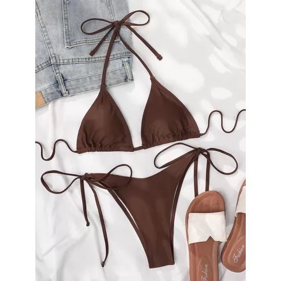 Backless Bandage Solid Color Padded Deep V-Neck Bikini Swimsuit Backless Bandage Solid Color Padded Deep V-Neck Bikini Swimsuit