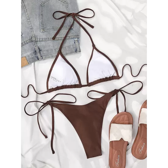 Backless Bandage Solid Color Padded Deep V-Neck Bikini Swimsuit Backless Bandage Solid Color Padded Deep V-Neck Bikini Swimsuit