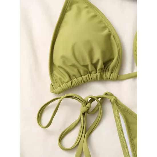 Backless Bandage Solid Color Padded Deep V-Neck Bikini Swimsuit Backless Bandage Solid Color Padded Deep V-Neck Bikini Swimsuit