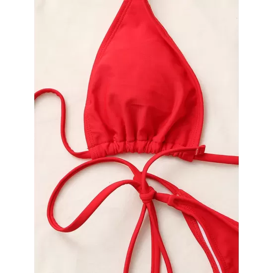 Backless Bandage Solid Color Padded Deep V-Neck Bikini Swimsuit Backless Bandage Solid Color Padded Deep V-Neck Bikini Swimsuit