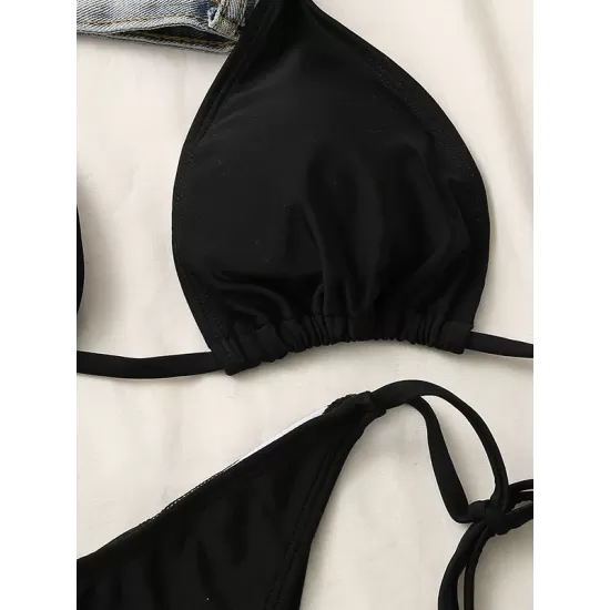 Backless Bandage Solid Color Padded Deep V-Neck Bikini Swimsuit Backless Bandage Solid Color Padded Deep V-Neck Bikini Swimsuit