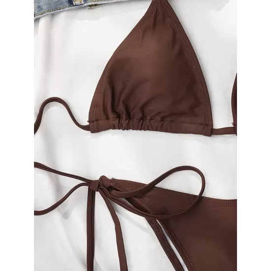 Backless Bandage Solid Color Padded Deep V-Neck Bikini Swimsuit Backless Bandage Solid Color Padded Deep V-Neck Bikini Swimsuit