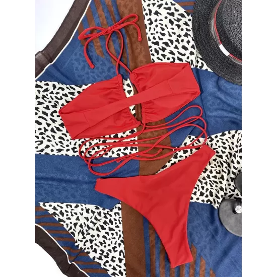 Backless Bandage Solid Color Padded Halter-Neck Bikini Swimsuit Backless Bandage Solid Color Padded Halter-Neck Bikini Swimsuit