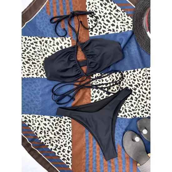 Backless Bandage Solid Color Padded Halter-Neck Bikini Swimsuit Backless Bandage Solid Color Padded Halter-Neck Bikini Swimsuit
