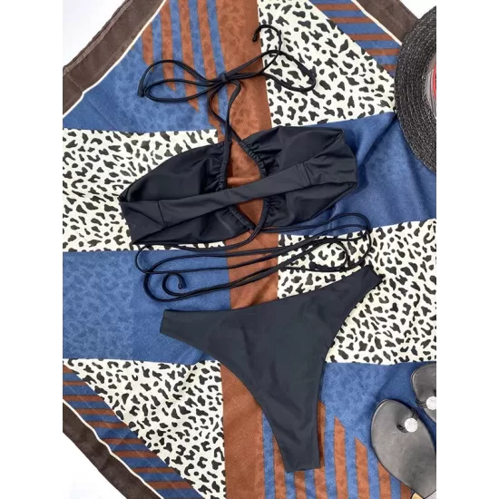 Backless Bandage Solid Color Padded Halter-Neck Bikini Swimsuit Backless Bandage Solid Color Padded Halter-Neck Bikini Swimsuit