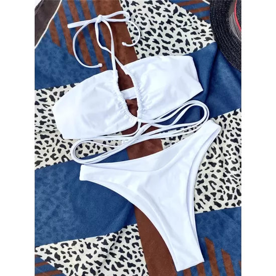 Backless Bandage Solid Color Padded Halter-Neck Bikini Swimsuit Backless Bandage Solid Color Padded Halter-Neck Bikini Swimsuit