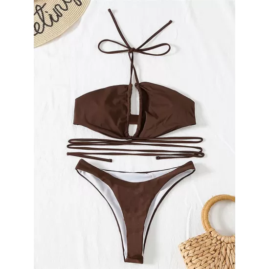 Backless Bandage Solid Color Padded Halter-Neck Bikini Swimsuit Backless Bandage Solid Color Padded Halter-Neck Bikini Swimsuit