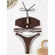 Backless Bandage Solid Color Padded Halter-Neck Bikini Swimsuit Backless Bandage Solid Color Padded Halter-Neck Bikini Swimsuit