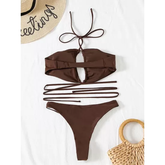 Backless Bandage Solid Color Padded Halter-Neck Bikini Swimsuit Backless Bandage Solid Color Padded Halter-Neck Bikini Swimsuit