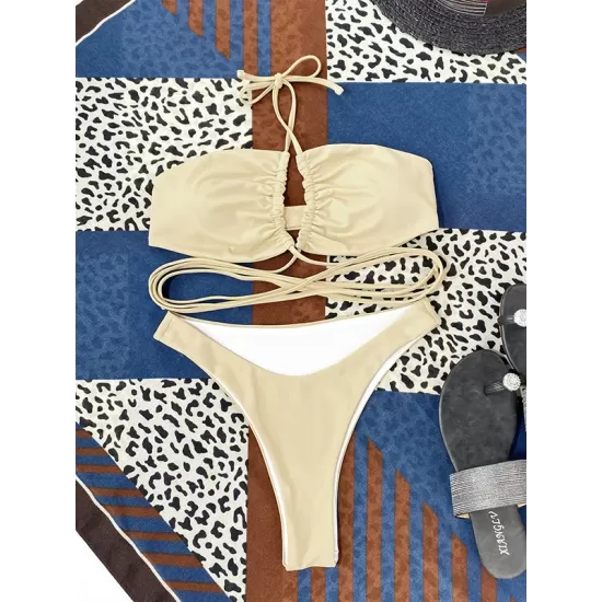 Backless Bandage Solid Color Padded Halter-Neck Bikini Swimsuit Backless Bandage Solid Color Padded Halter-Neck Bikini Swimsuit