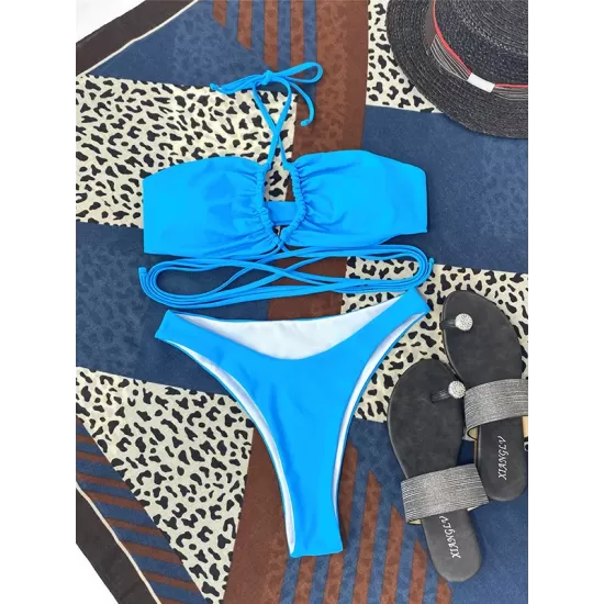 Backless Bandage Solid Color Padded Halter-Neck Bikini Swimsuit Backless Bandage Solid Color Padded Halter-Neck Bikini Swimsuit