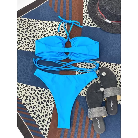 Backless Bandage Solid Color Padded Halter-Neck Bikini Swimsuit Backless Bandage Solid Color Padded Halter-Neck Bikini Swimsuit