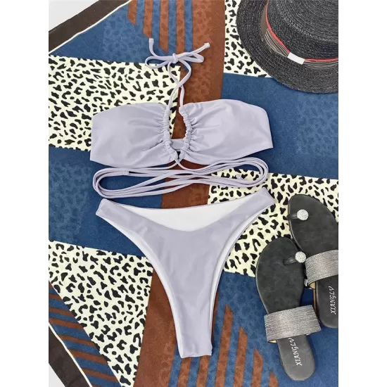 Backless Bandage Solid Color Padded Halter-Neck Bikini Swimsuit Backless Bandage Solid Color Padded Halter-Neck Bikini Swimsuit