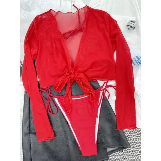 Backless Bandage Mesh Solid Color Padded Halter-Neck Three Pieces Set Cover-Ups Tops Bikini Swimsuit Backless Bandage Mesh Solid Color Padded Halter-Neck Three Pieces Set Cover-Ups Tops Bikini Swimsuit