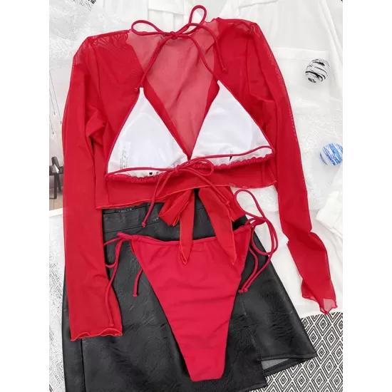 Backless Bandage Mesh Solid Color Padded Halter-Neck Three Pieces Set Cover-Ups Tops Bikini Swimsuit Backless Bandage Mesh Solid Color Padded Halter-Neck Three Pieces Set Cover-Ups Tops Bikini Swimsuit